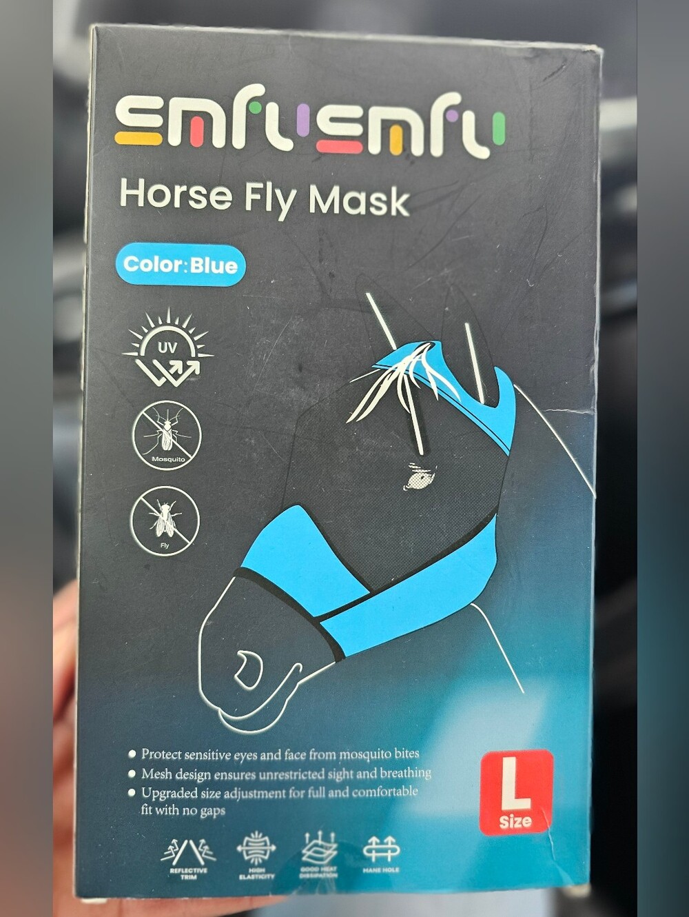 Horse Eye Ear Mask Blue Black Breathable Fine Mesh UV Protection NEW Large